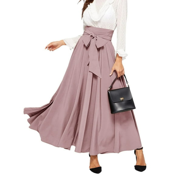 Topvent Spring Summer Skirt for Women Women Elegant High Waist Skirt Tie Front Pleated Maxi Skirts Pink S