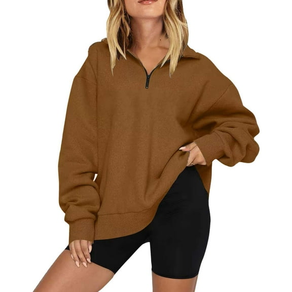 Topvent Sweatshirts Women Oversized Half Zip Pullover Long Sleeve Quarter Zip Hoodie Sweater Teen Girls Fall Blouse Clothes Trendy Hoodies Top Brown S