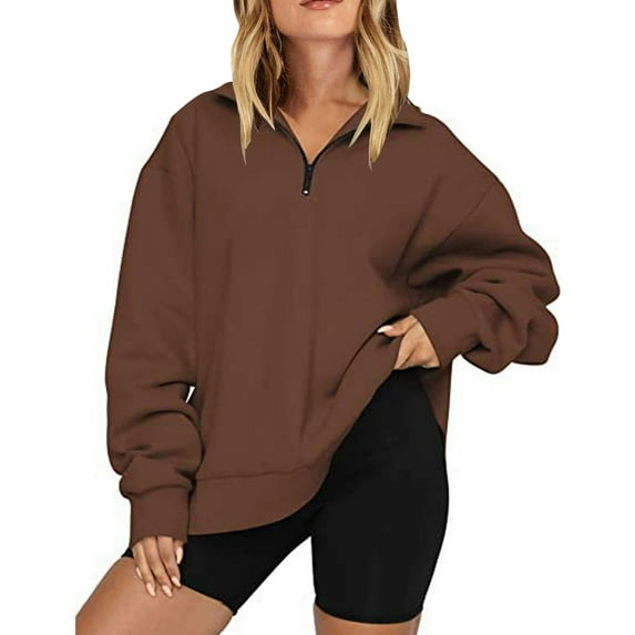 Topvent Sweatshirts Women Oversized Half Zip Pullover Long Sleeve Quarter Zip Hoodie Sweater Teen Girls Fall Blouse Clothes Trendy Hoodies Top Coffee XL