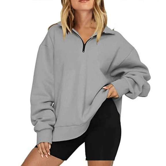 Topvent Sweatshirts Women Oversized Half Zip Pullover Long Sleeve Quarter Zip Hoodie Sweater Teen Girls Fall Blouse Clothes Trendy Hoodies Top Grey XXXL