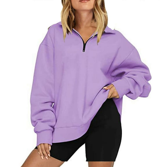 Topvent Sweatshirts Women Oversized Half Zip Pullover Long Sleeve Quarter Zip Hoodie Sweater Teen Girls Fall Blouse Clothes Trendy Hoodies Top Purple L