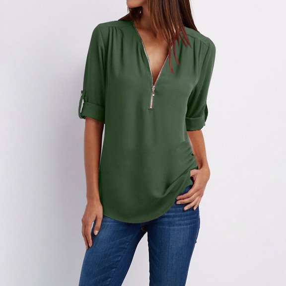 Topvent Tshirts Shirts for Women Women Ladies Zipper Button Long Sleeves Loose Chiffon Shirt Clothing AG L