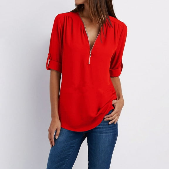 Topvent Tshirts Shirts for Women Women Ladies Zipper Button Long Sleeves Loose Chiffon Shirt Clothing Red M
