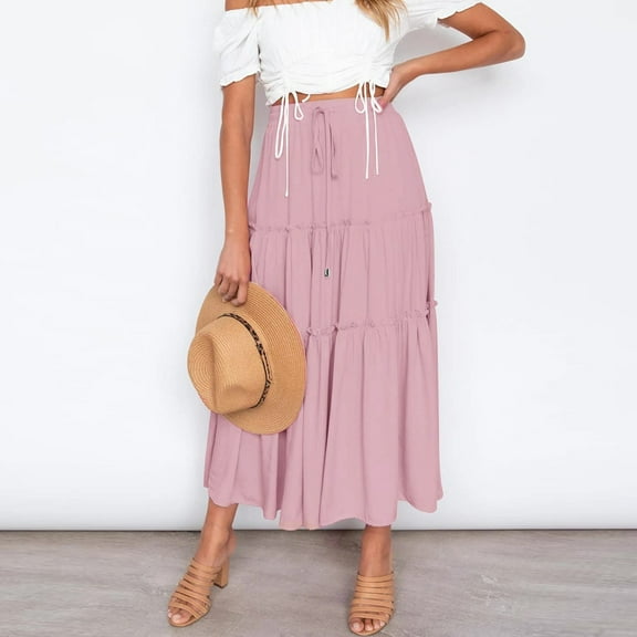 Topvent Women’s Boho Maxi Skirt - Elastic High Waist Ruffle A-Line Swing Long Skirt Pink M