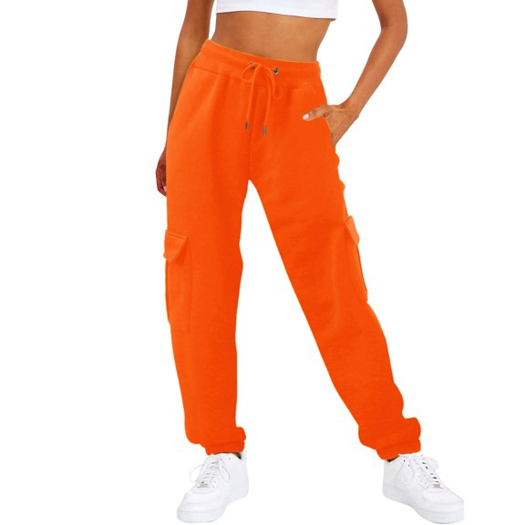 Topvent Womens Pants Clearance women Casual Solid Pocket High Waist Elastic Band Sweater Drawstring High Waisted Trousers Orange M