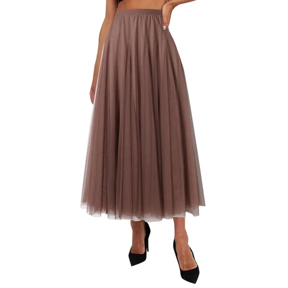 Topvent Womens Skirts Women's Pleated Skirt Mesh Skirt Fairy Skirt Mid Length Long Skirt Dance Skirt Coffee XL