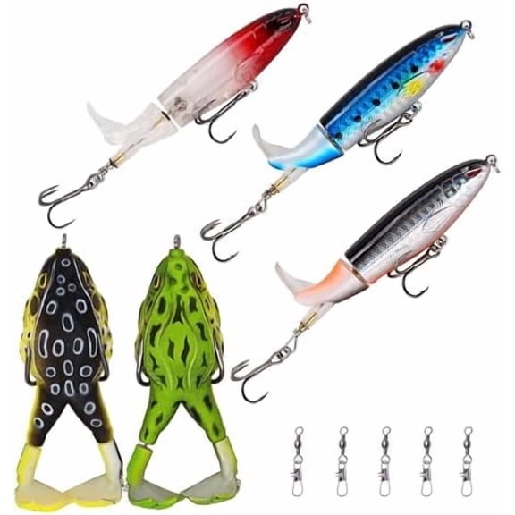 Topwater Bass Fishing Lure Kit, Plopping Propeller Tail Bigger Splash Whopping, Soft Plastic Frog Bait 3D Eyes Lifelike Body Pattern, for Bass Snakehead Musky Pike Walleye, 5 pcs…