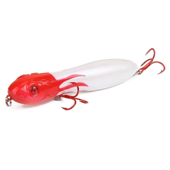 Topwater Pencil Fishing Lure, Walking Bait with 3D Eyes and Red Treble Hooks for Bass Pike Freshwater Fishing, Red White, 4.13 Inch
