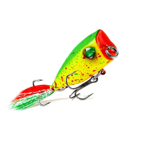 Topwater Popper Fishing Lure, Colorful Hard Bait with Treble Hooks and Feather Tail, Artificial Wobbler Swimbait for Bass Trout Freshwater Saltwater