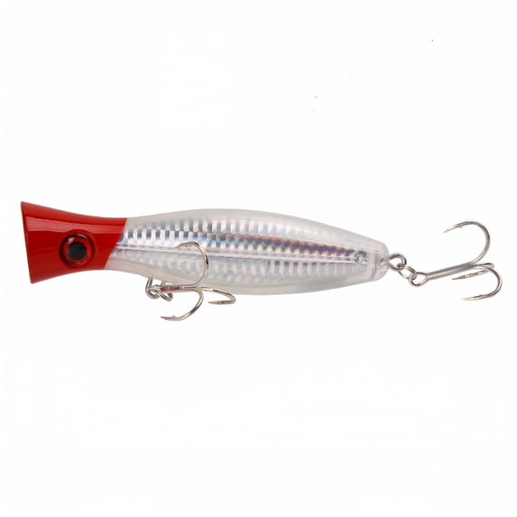Topwater Popper Fishing Lure, Hard Bait with Treble Hooks for Bass Striper and Saltwater Fishing, Red Silver, 1.41 oz, 4.92 Inch