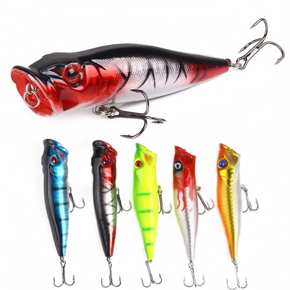 Topwater Popper Fishing Lure Set, 5pc Splashing Hard Baits with Cupped Mouth, 3D Eyes and 2 Treble Hooks Each, 0.44 oz Each, 3.54 Inch
