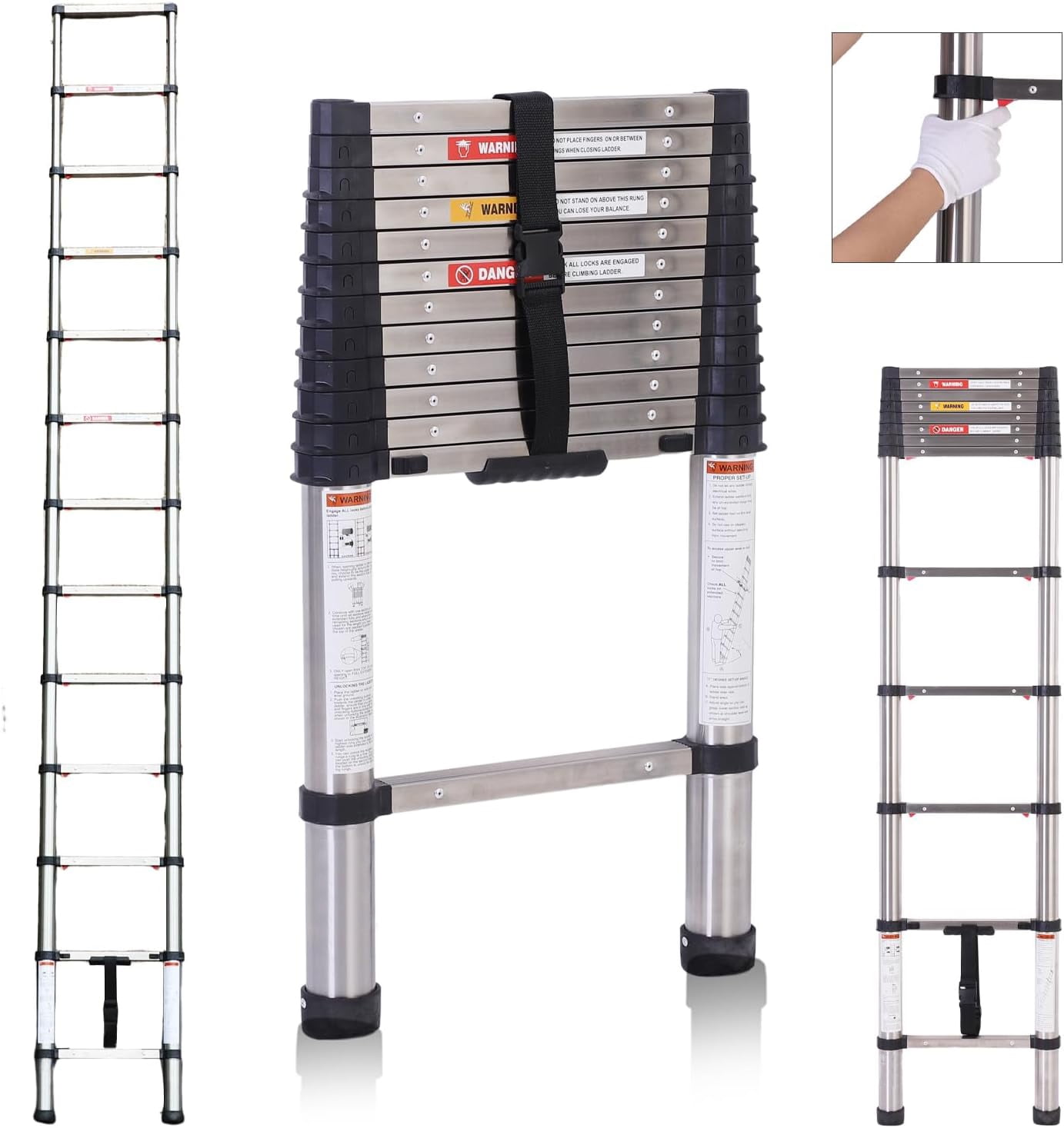 Topwire Telescoping Ladder 12.5FT, Extension Step Ladder One Button Retraction,Stainless Steel Collapsible Ladder Slow Down Design for Home RV Loft,330 lbs Max Capacity