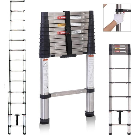 Topwire Telescoping Ladder 12.5FT, Extension Step Ladder One Button Retraction,Stainless Steel Collapsible Ladder Slow Down Design for Home RV Loft,330 lbs Max Capacity