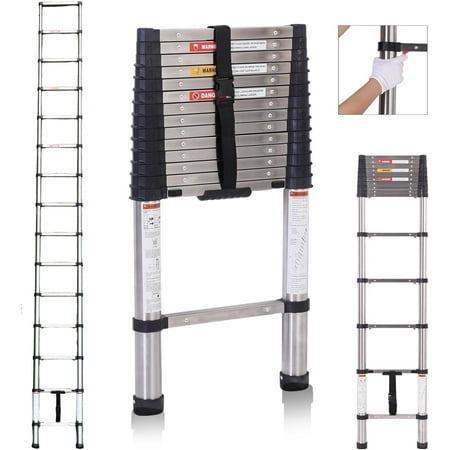 Topwire Telescoping Ladder 15.5FT,Extension Step Ladder One Button Retraction,Stainless Steel Collapsible Ladder Slow Down Design for Home RV Loft,330 lbs Max Capacity