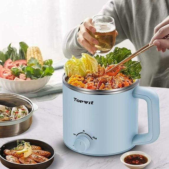 Topwit 1.6L Electric Hot Pot with Dual Power, Multifunctional Cooker for Pasta, Soup, Oatmeal, Shabu-Shabu, Blue