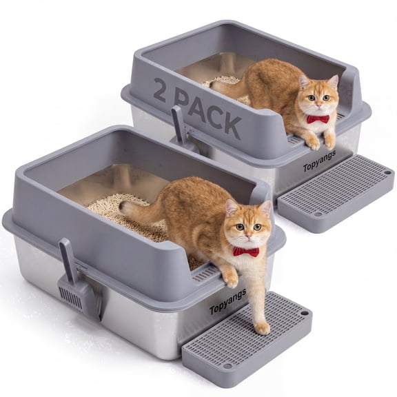 Topyangs XXL Stainless Steel Metal Cat Litter Box for Big Cats, Gray, 2 Count