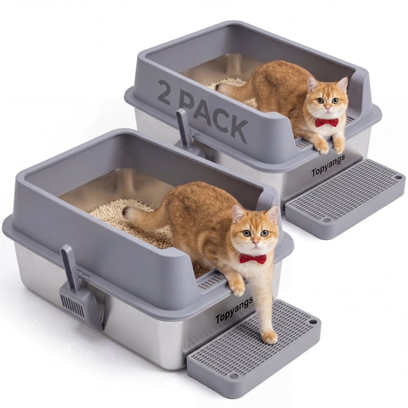 Topyangs 2 Pack XXL-Stainless Steel Open Top Litter Box with Litter Scoop & Foot Pedal, Gray