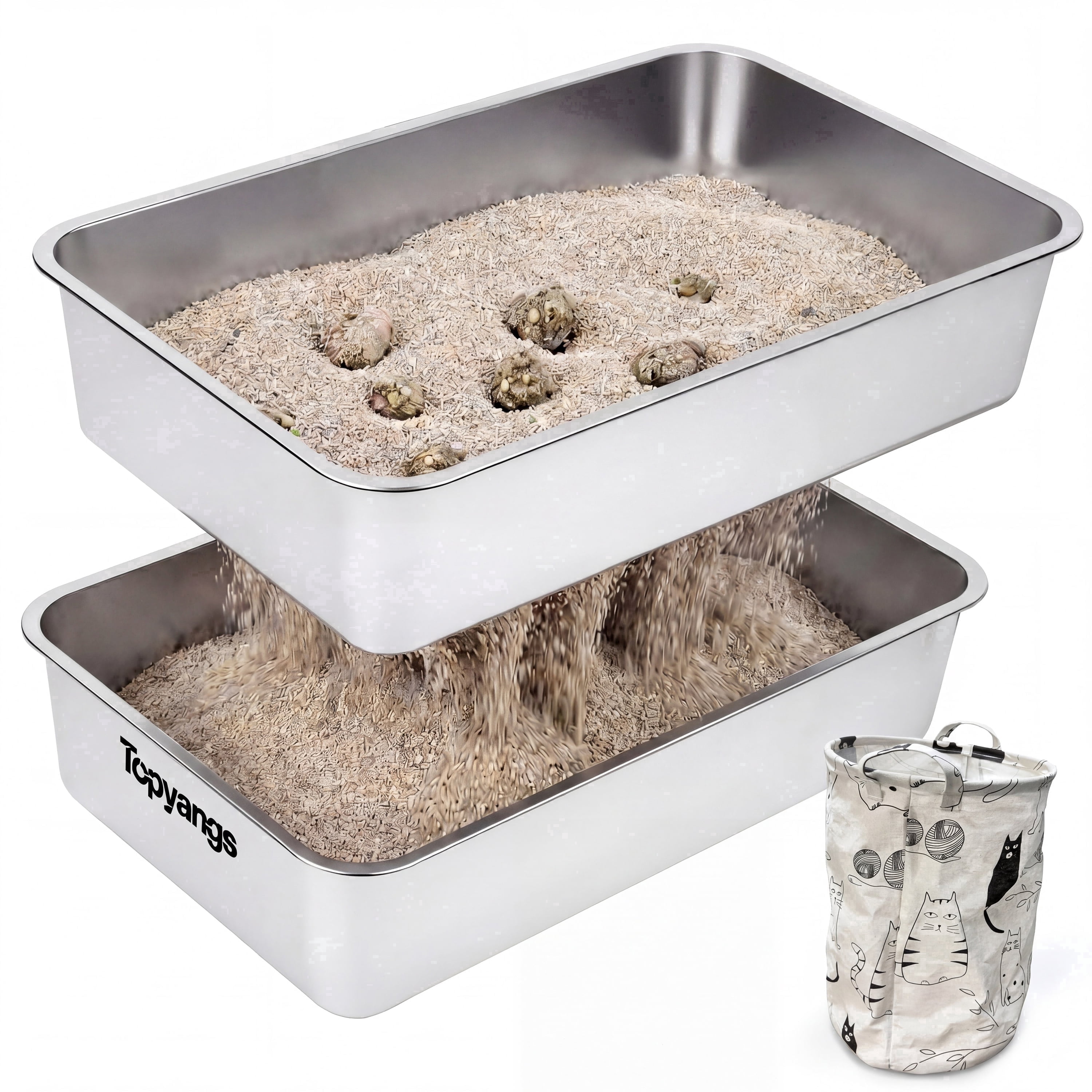Topyangs Extra Large Stainless Steel Sifting Cat Litter Box, Silver