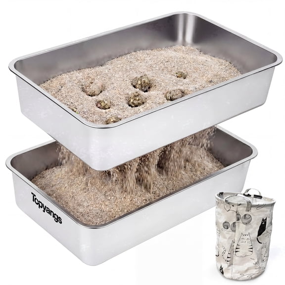 Topyangs Extra Large Stainless Steel Sifting Cat Litter Box, Silver