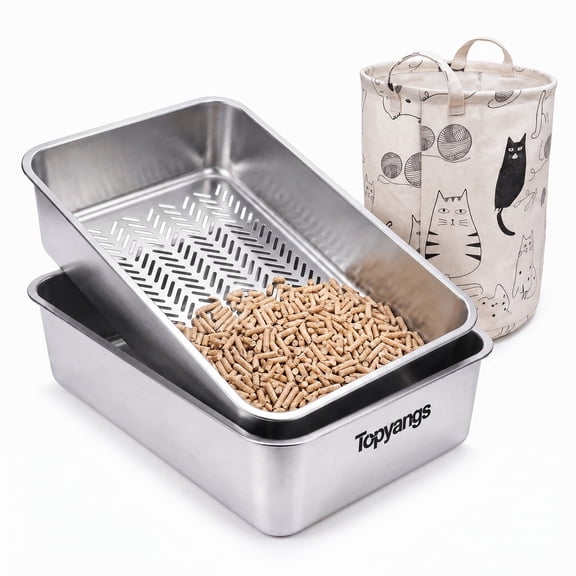 Topyangs XL Stainless Steel Sifting Cat Litter Box for Pine Pellets, Silver
