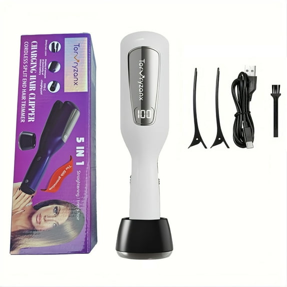 TorVryzanx Pro 5-in-1 Cordless Split End Trimmer | Blue Light Therapy & LED Display | Rechargeable Hair Repair for Dry/Damaged Ends | FCC Certified(white)