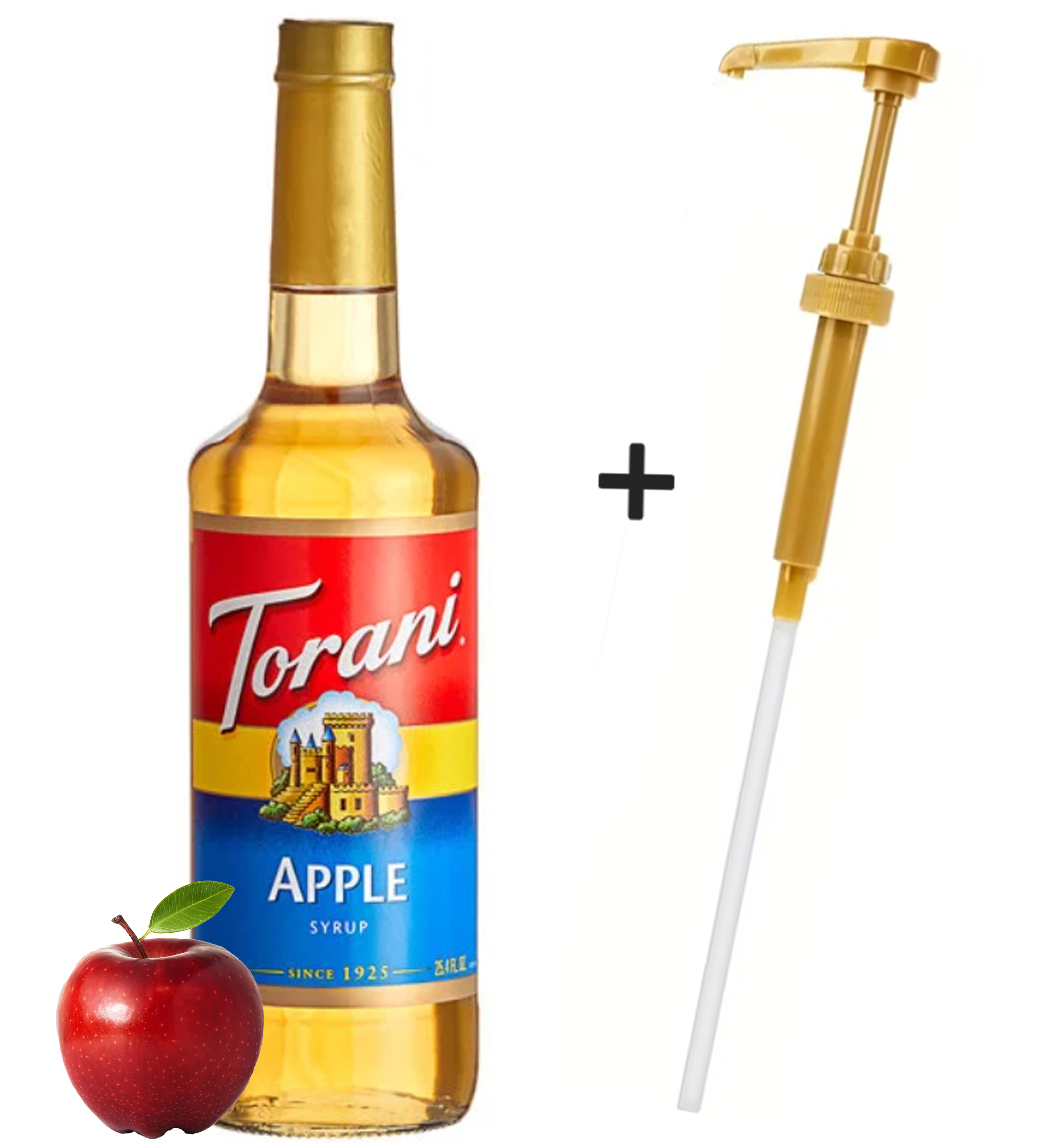 Torani Apple Flavoring / Fruit Syrup, 25.4 oz (750 mL) Glass Bottle + Gold Syrup Pump