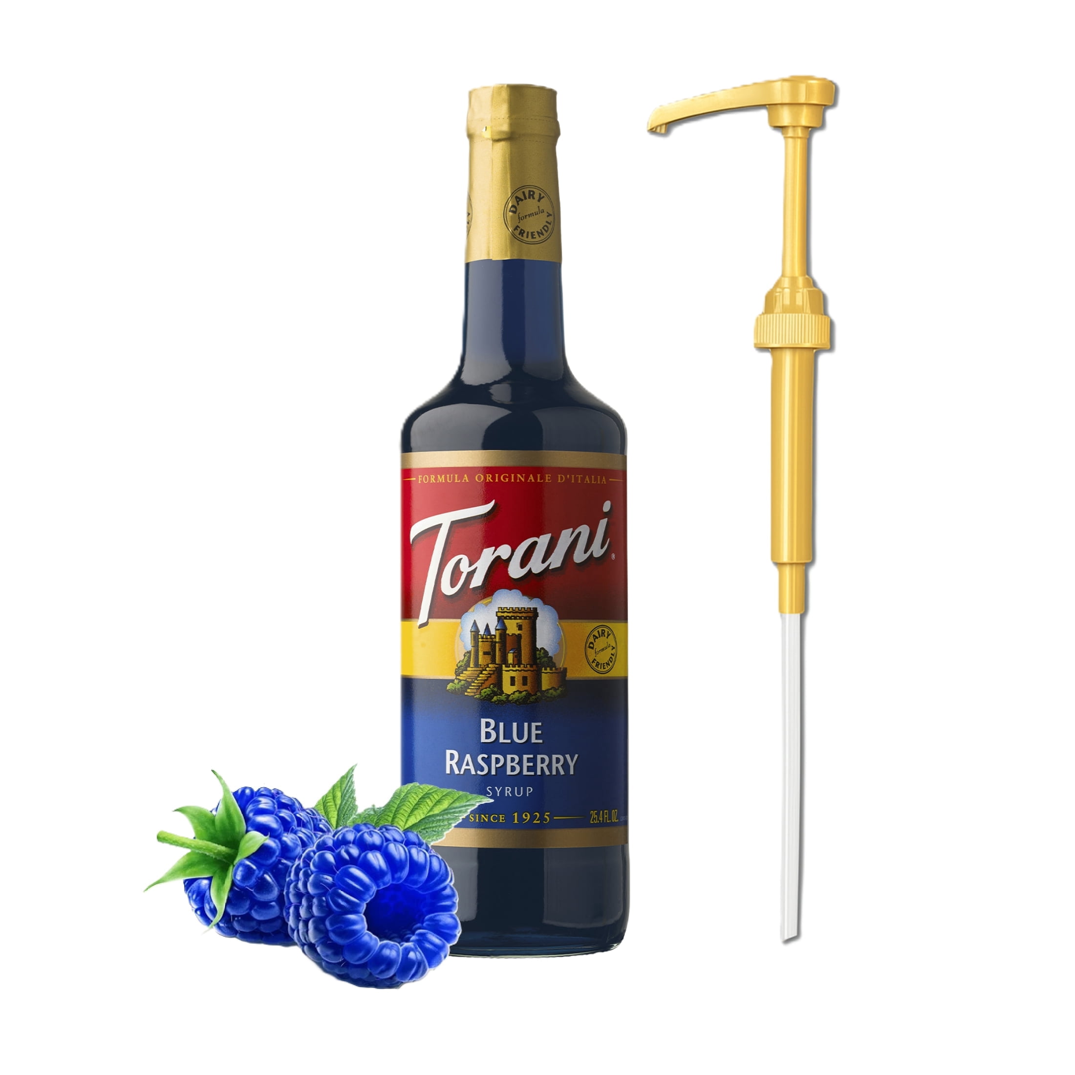 Torani Blue Raspberry Classic Flavouring Syrup, 25.4 fl oz Glass Bottle + Gold Pump