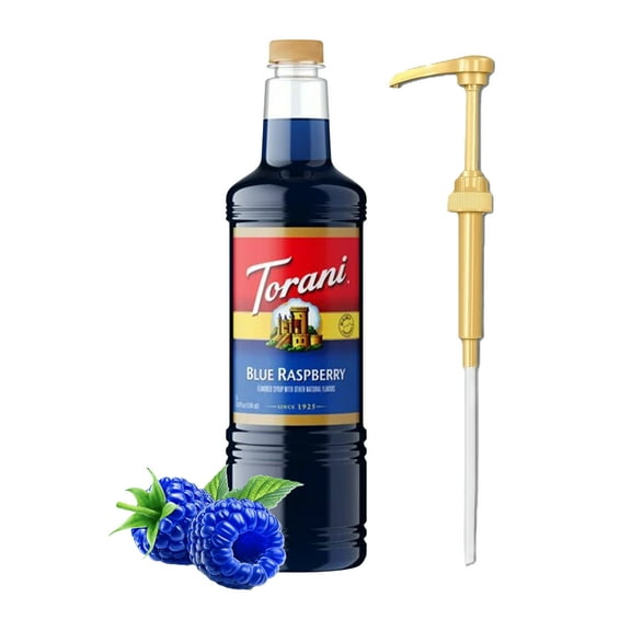 Torani Blue Raspberry Flavored Syrup, 1 Liter Plastic Bottle + Gold Syrup Pump