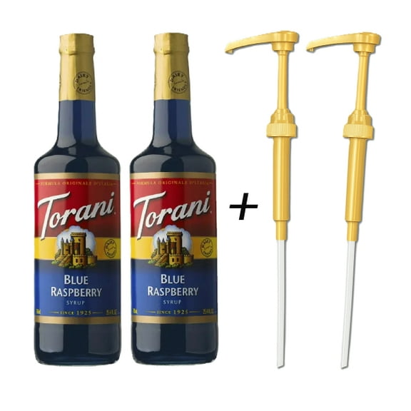 Torani Blue Raspberry Flavouring Syrup, 25.4 fl oz  (750 mL) Glass Bottle with Absol Gold Pump (Pack of 2)