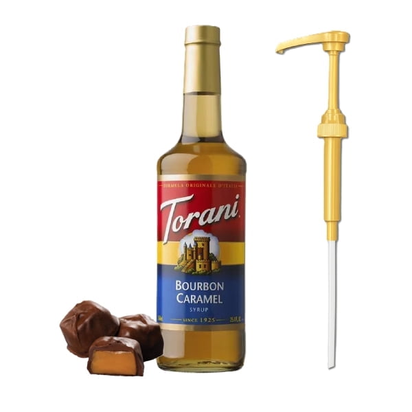 Torani Bourbon Caramel Flavouring Syrup, 25.4 fl oz (750ml) Glass Bottle with Absol Gold Pump