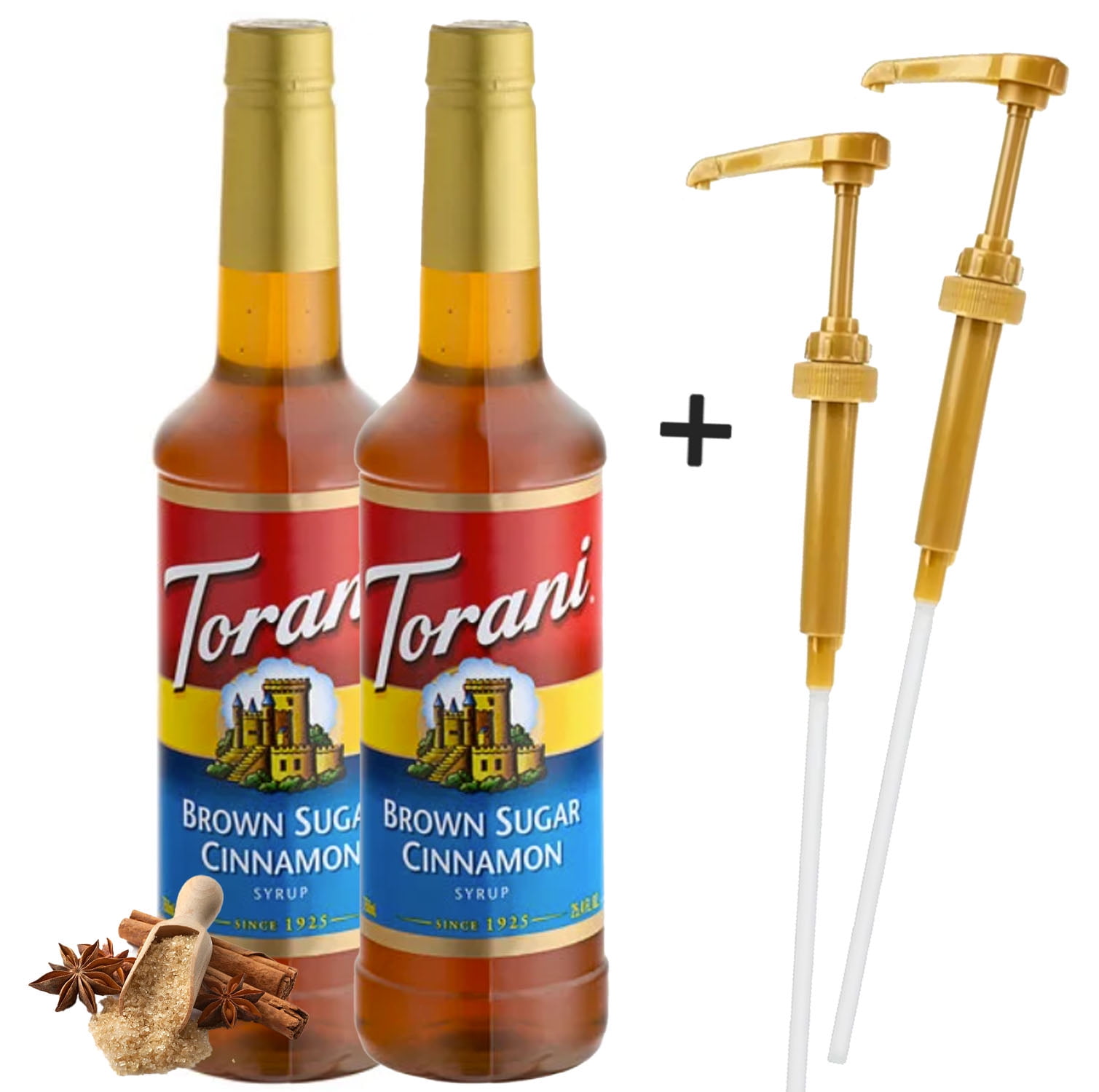 Torani Brown Sugar Cinnamon Syrup, 24.5 oz (750 Ml) + Gold Syrup Pump l Pack of 2