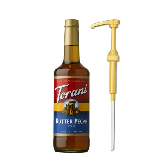 Torani Butter Pecan Syrup, 750mL (25.4 fl oz) Glass Bottle + Gold Pump