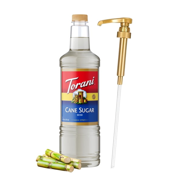Torani Cane Sugar Sweetener Coffee Syrup 1 Liter Bottle with Pump Dispenser Pure Cane Sugar Flavoring Syrup for Lattes, Teas, Cocktails, Cold Brews & Desserts Barista Quality