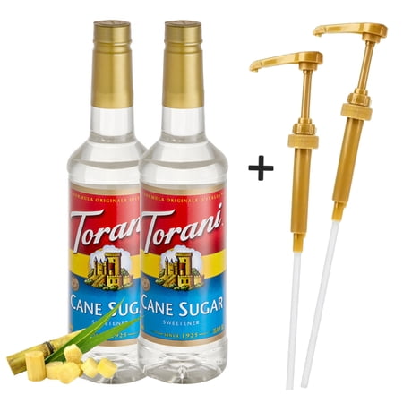 Torani Cane Sugar Sweetener Syrup 24.5 oz (750 mL) Plastic Bottle + Gold Syrup Pump l Pack of 2