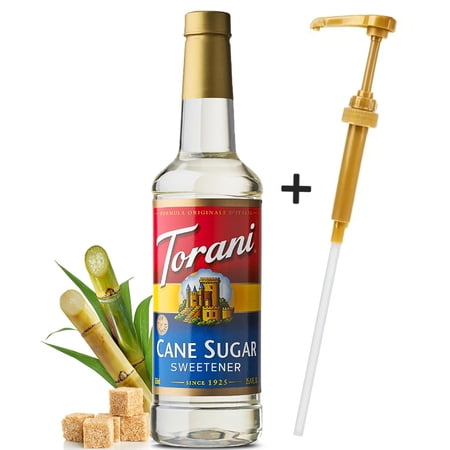 Torani Cane Sugar Sweetener Syrup 750 mL Plastic Bottle + Gold Syrup Pump l Assortment pack