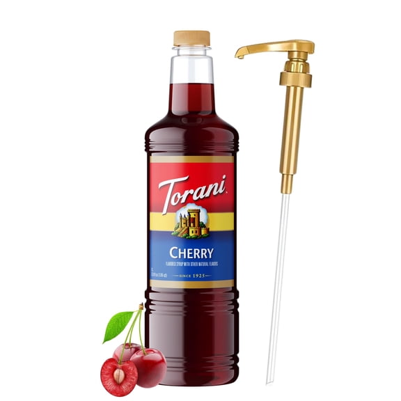 Torani Cherry Coffee Syrup 1 Liter Bottle with Pump Dispenser  Flavored Syrup for Lattes, Teas, Cocktails, Lemonades & Desserts  Premium Coffeehouse Quality Drink Syrup