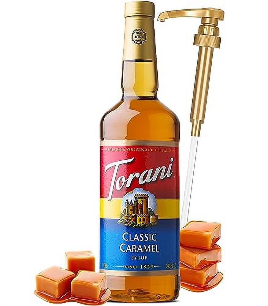 Torani Classic Caramel Syrup with Little Squirt Syrup Pump, 750ml 25.4