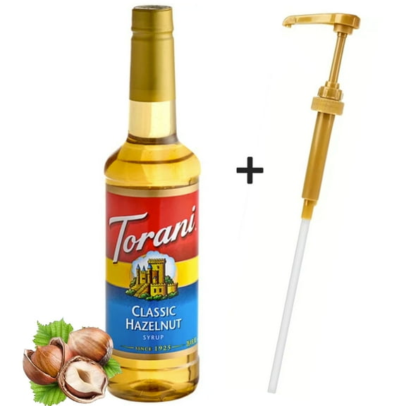 Torani Classic Hazelnut Syrup, 25.4 oz (750 mL) + Gold Syrup Pump