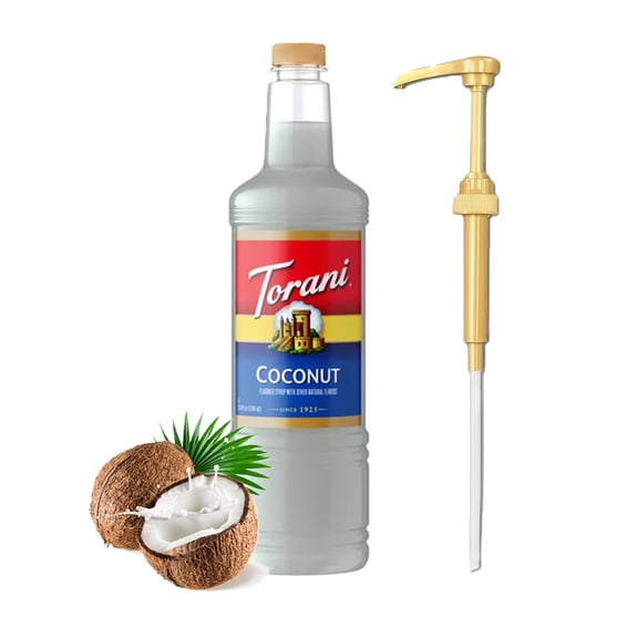 Torani Coconut Flavored Syrup, 1 Liter Plastic Bottle + Gold Syrup Pump