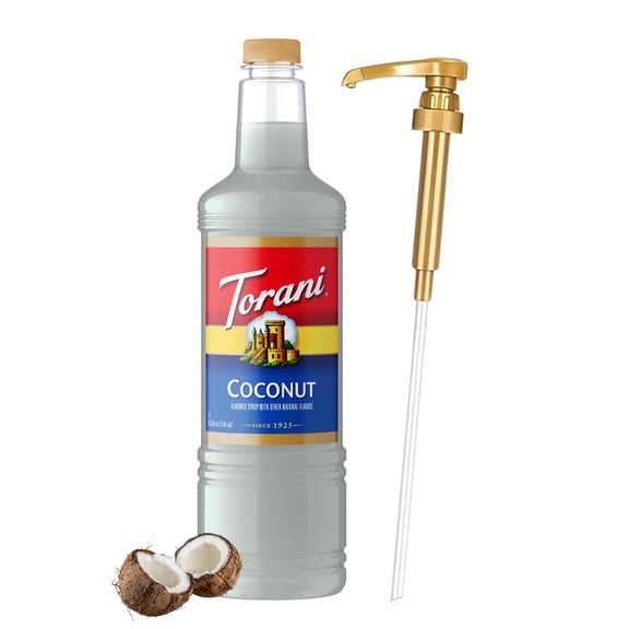 Torani Coconut Syrup 1 Liter Bottle with Pump Premium Drink Flavoring Made with Pure Cane Sugar & Natural Flavors for Coffee, Cocktails, Smoothies & Desserts Authentic Creamy Coconut Sweetener