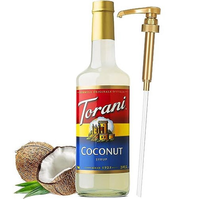 Torani Coconut Syrup with Little Squirt Syrup Pump, Glass Bottle 750ml