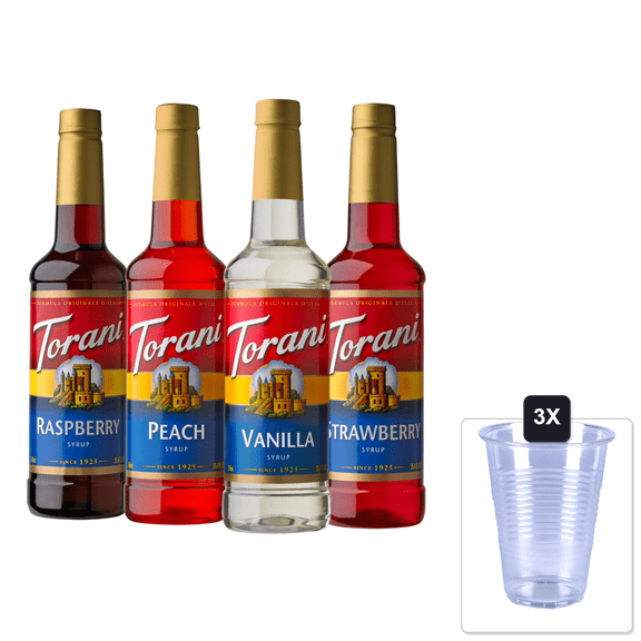 Torani Flavored Drink Syrup Soda Shop Variety Pack, Raspberry, Peach, Vanilla & Strawberry, 25.4 Fl Oz (Set Of 4) & 3x 16oz Plastic Cup with Strawless Sip-Lid