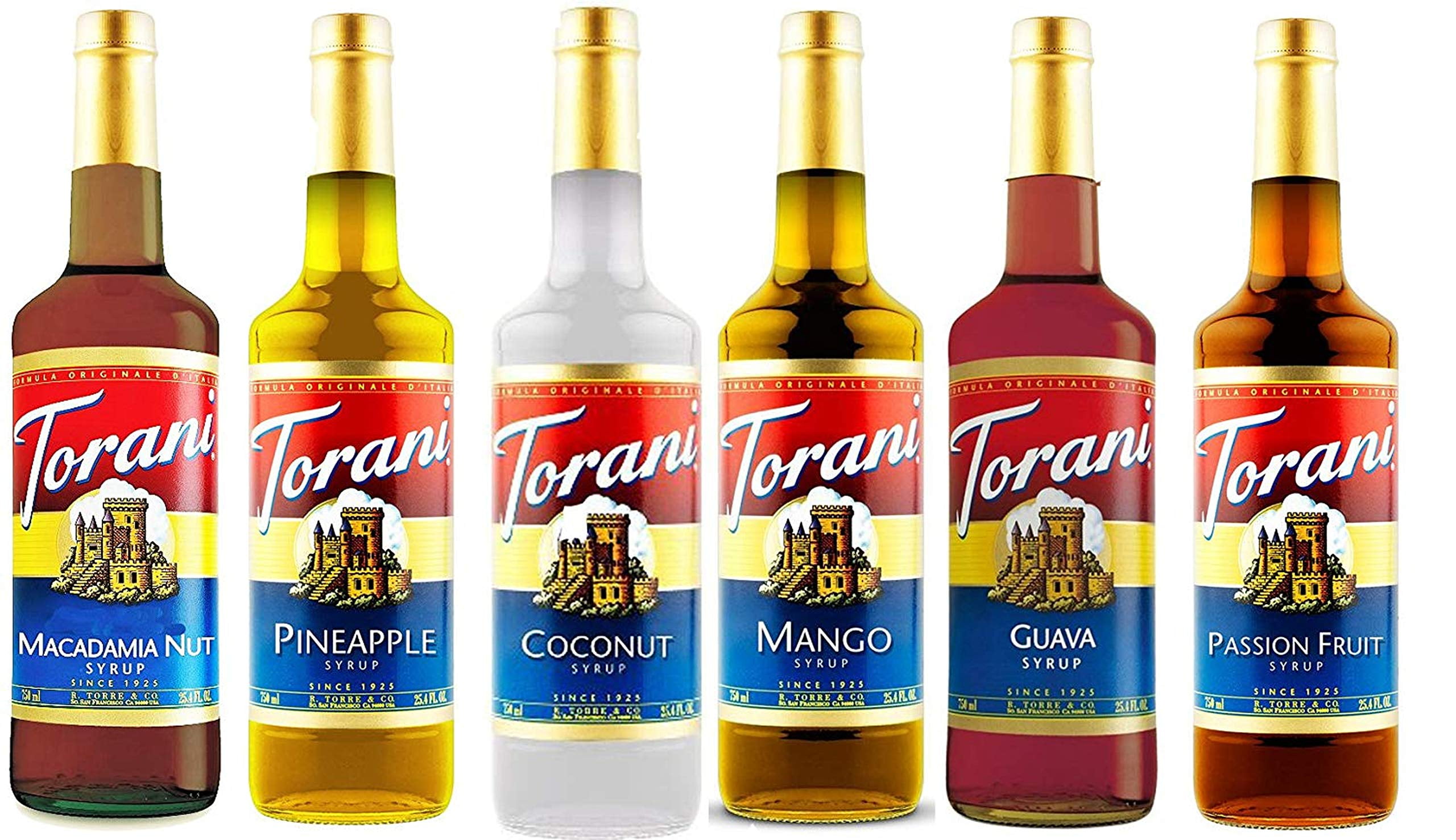 Torani Hawaiian Syrup Variety Pack Of 6 Macadamia Nut, Pineapple, Coconut, Mango, Guava