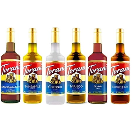 Torani Hawaiian Syrup Variety Pack Of 6 - Macadamia Nut, Pineapple, Coconut, Mango, Guava & Passion Fruit (750 Ml Ea Bottle)