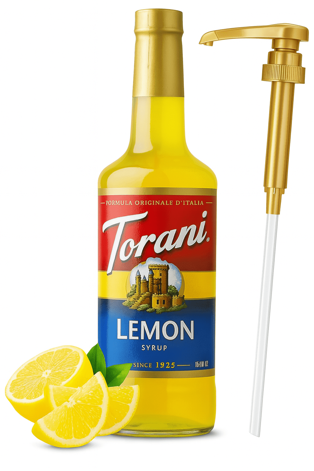Torani Lemon Syrup, 750mL (25.4 fl oz) Glass Bottle + Gold Pump