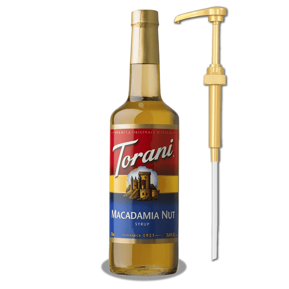 Torani Macadamia Nut Syrup, 750mL (25.4 fl oz) Bottle + Gold Pump