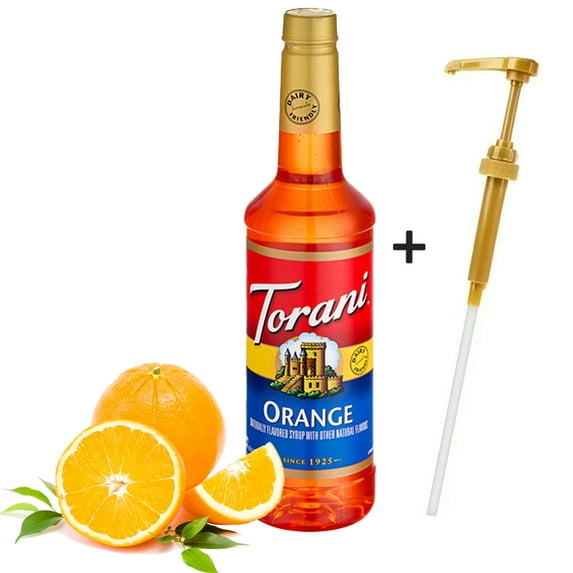 Torani Orange Syrup 750 mL Plastic Bottle + Gold Syrup Pump