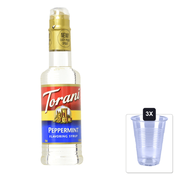 Torani Peppermint Syrup 12.7 Fl Oz & 3x 16oz Plastic Cup with Strawless Sip-Lid