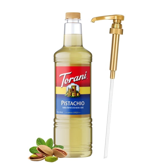 Torani Pistachio Coffee Syrup 1 Liter Bottle with Pump Dispenser  Flavored Syrup with Pure Cane Sugar & Natural Pistachio Essence  Perfect for Lattes, Desserts & Cocktails