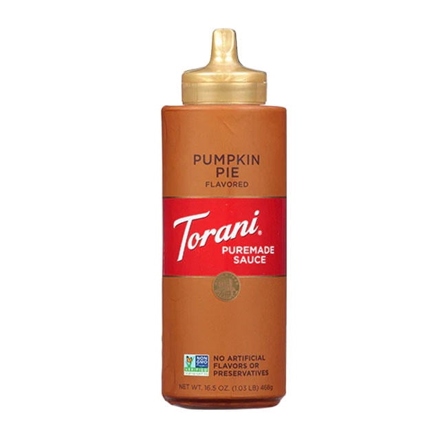 Torani Pumpkin Pie Puremade Squeeze Bottle Flavored Syrup cs 8/16.5 oz